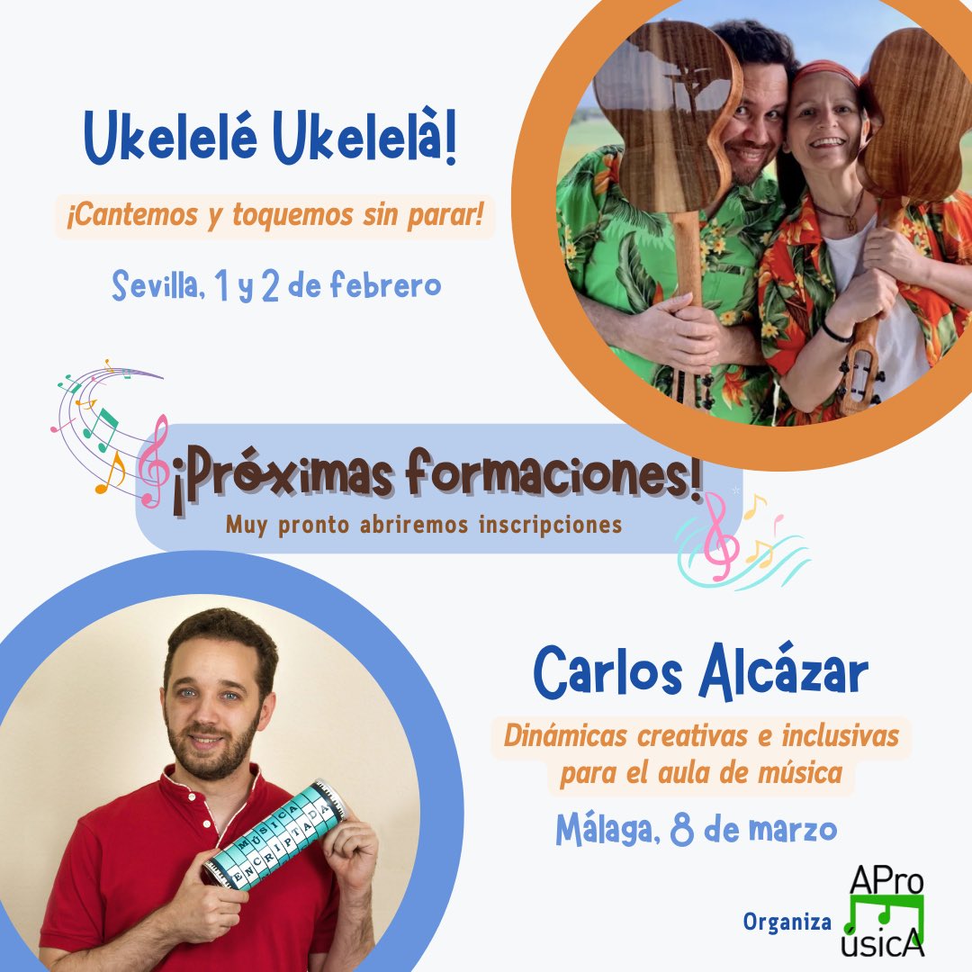 Atención!! Estamos muy felices de anunciaros las formaciones de #edmusical 🎶 previstas para 2025 👏👏 Toma nota y reserva las fechas!! 📅✅ 

⚠️ ¡Atentos a redes! muy pronto se abrirán las inscripciones 🤗 📋

#educaconmúsica #formacionesedmusical #AProMúsicA #Andalucía