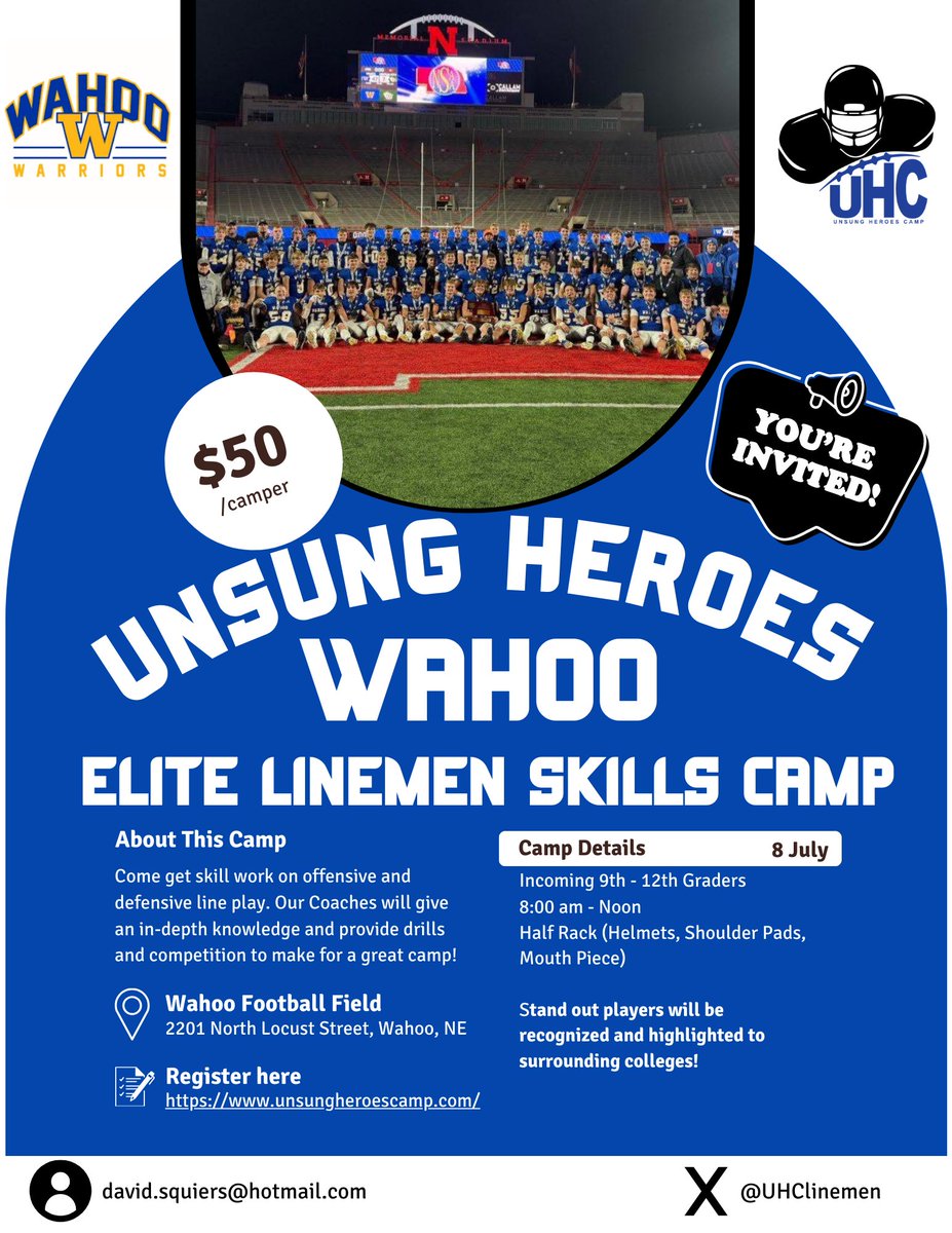 Unsung Heroes (@uhclinemen) on Twitter photo Boom! Class C1 State Champs <a href="/Wahoo_Football/">Wahoo Warrior Football</a> locked in another camp with Unsung Heroes on July 8th. Wahoo has been a Day 1 host site for us 4 years ago! Thank you Coach Fox for letting us be a part of your offseason! #WhosNext Boom! Class C1 State Champs <a href="/Wahoo_Football/">Wahoo Warrior Football</a> locked in another camp with Unsung Heroes on July 8th. Wahoo has been a Day 1 host site for us 4 years ago! Thank you Coach Fox for letting us be a part of your offseason! #WhosNext
