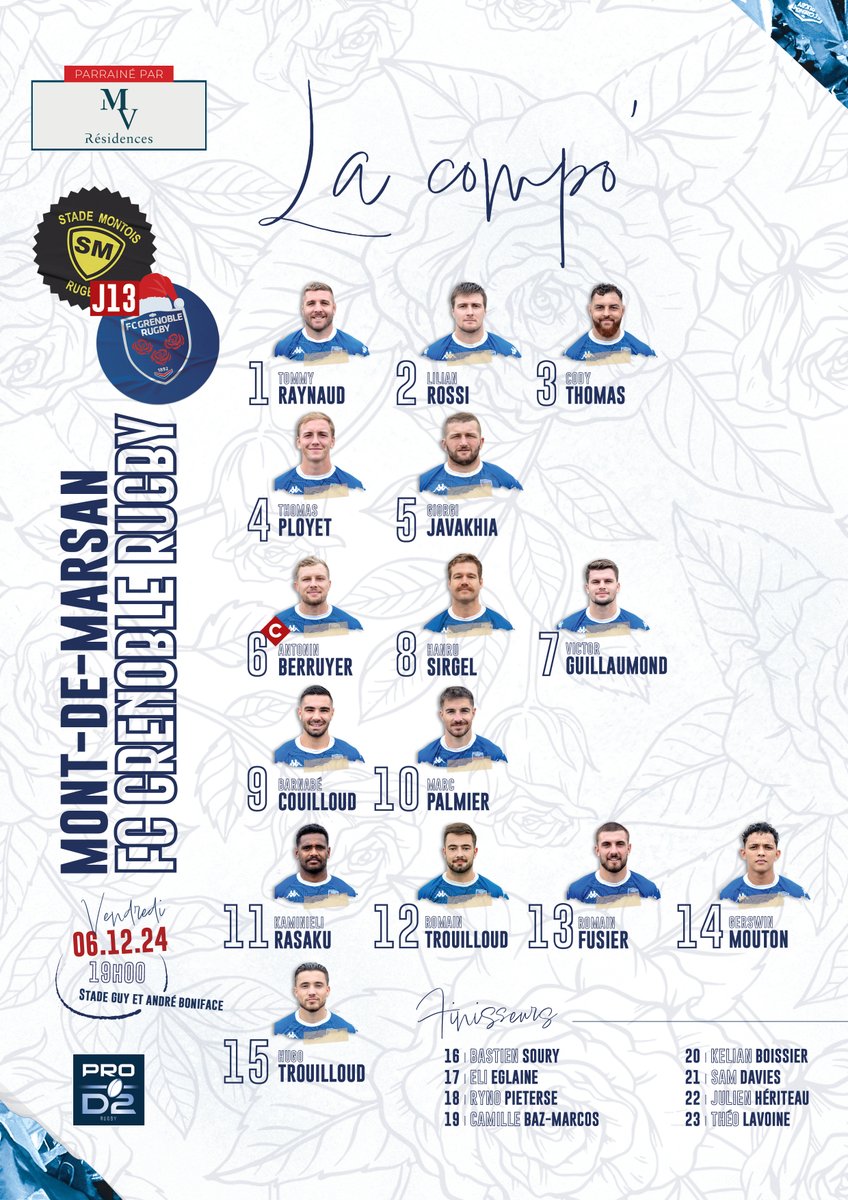 La compo' du FCG pour ce déplacement à Mont-de-Marsan ! 
Avec plein de belles nouvelles rouges &amp; bleues : 

👉premier match en rouge &amp; bleu pour notre joker médical Ryno Pieterse ! 
👉⁠premier match en rouge &amp; bleu pour notre recrue Hanru Sirgel
👉premier match de la saison pour