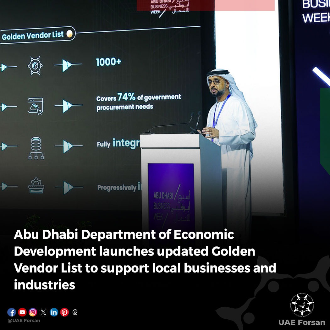 UAE_Forsan's tweet photo. The Abu Dhabi Department of Economic Development (#ADDED) and Abu Dhabi Department of Government Enablement (#ADDGE) have launched the Abu Dhabi Golden Vendor List, a key element of the Abu Dhabi Local Content (#ADLC) Programme
#UAE #AbuDhabi
@AbuDhabiDED
@dgeabudhabi https://t.co/G0ggZ5swWE