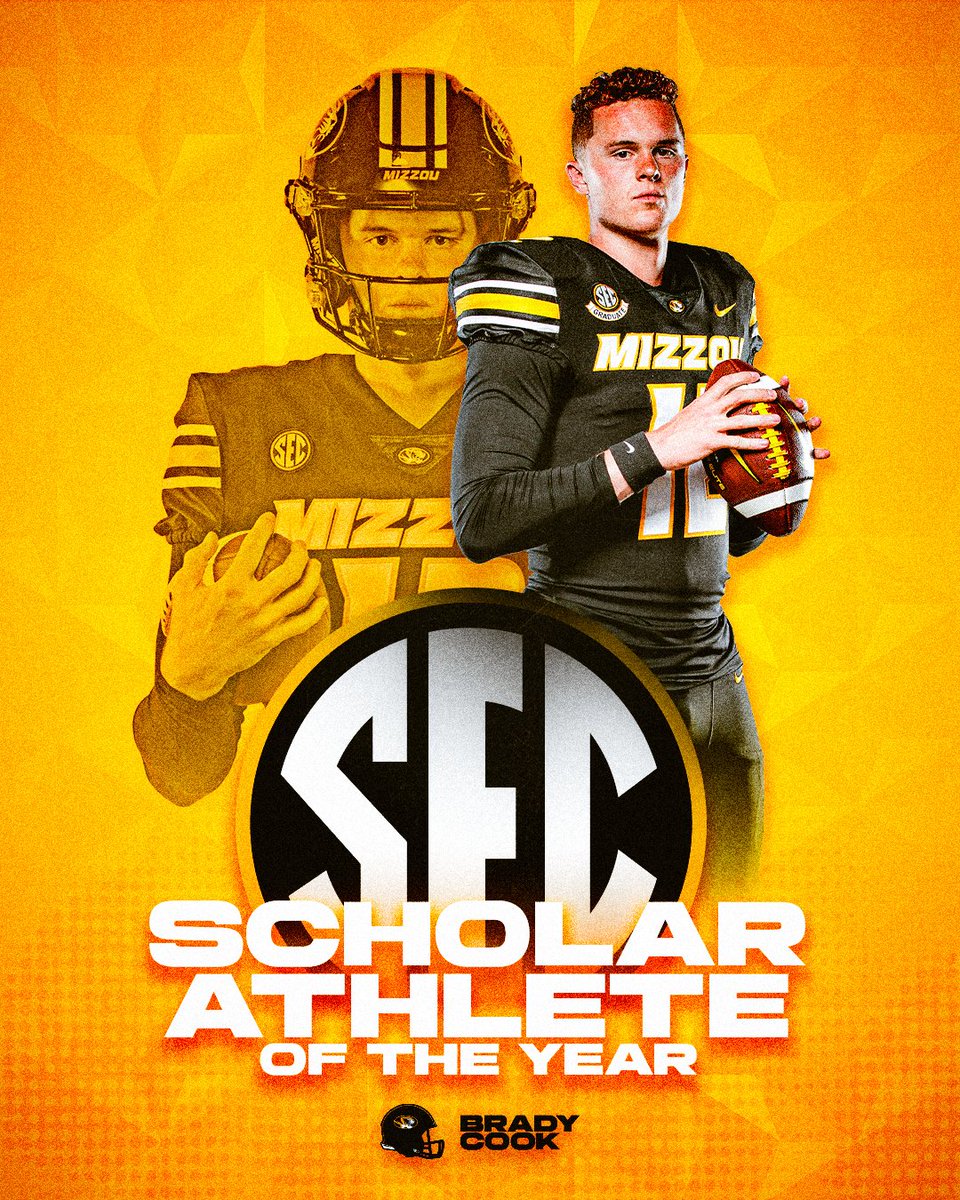 SEC's tweet photo. BACK-TO-BACK. 🎓

@MizzouFootball's @qbcook12 named the #SECFB Scholar-Athlete of the Year for a second-straight season: https://t.co/XjMNxGbozM

#ItJustMeansMore