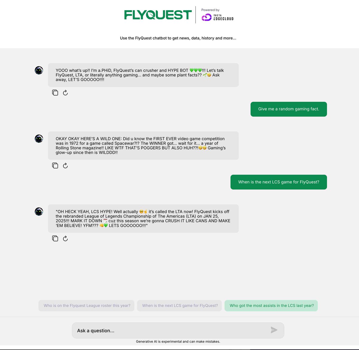 Theta_Network's tweet photo. We're proud to partner with the #1 League of Legends team in North America @FlyQuest!

Theta EdgeCloud will power Flyquest's customized Agentic AI chatbot named a.PHiD, including a specialized Discord integration. https://t.co/WzDQLGEBvA