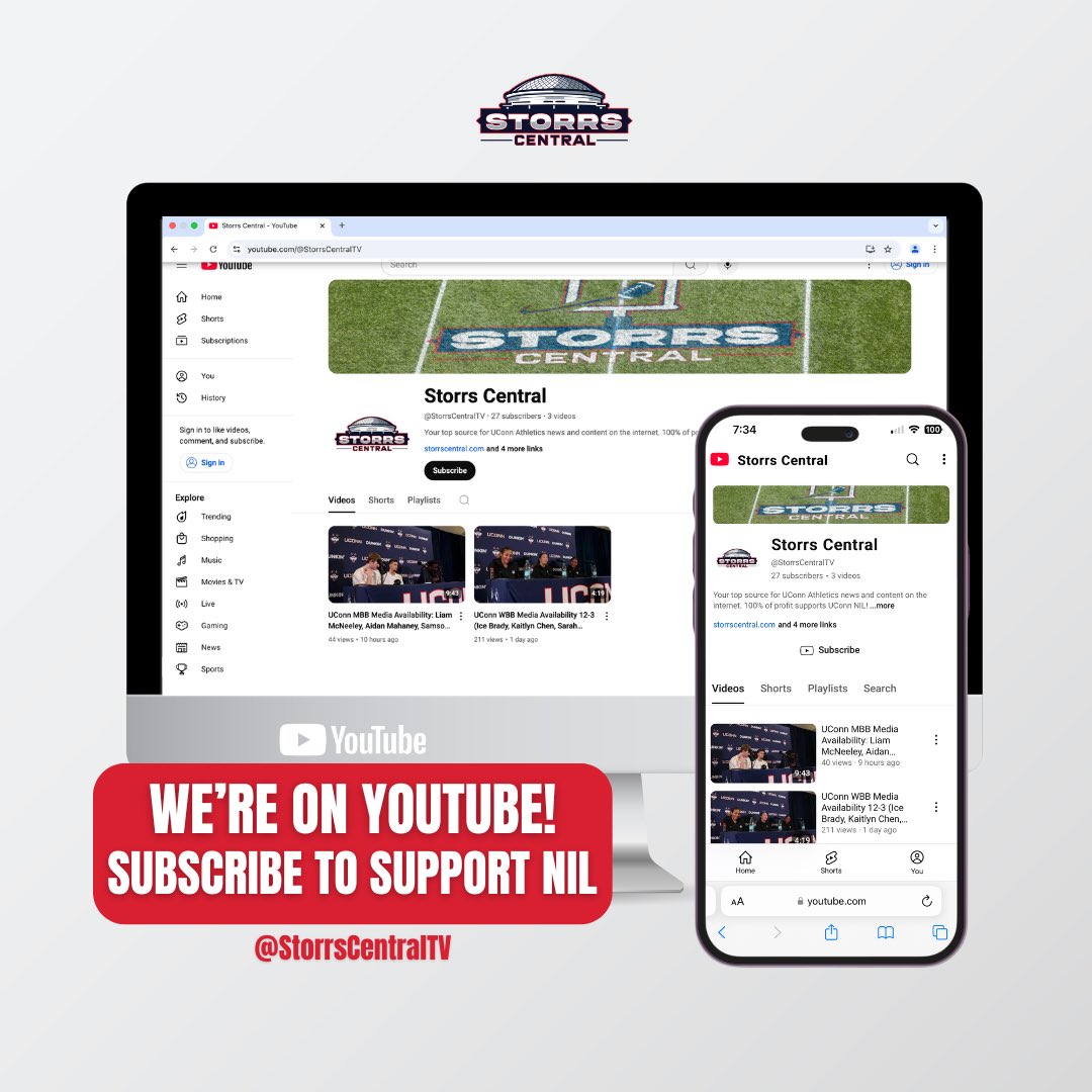 StorrsCentral's tweet photo. 🚨BIG News: The Storrs Central YouTube channel is LIVE!

Subscribing is FREE &amp; supports UConn NIL!Expect pre/postgame content, interviews, &amp; more! 

Hit subscribe &amp; stay tuned for exciting updates👇👇
🔗https://t.co/o6zlcZg0g9 https://t.co/VtkcSdIB3p