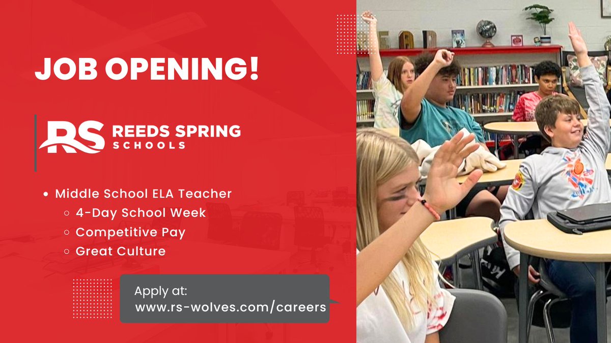 We have an opening for an ELA teacher at Reeds Spring Middle School. We offer a four-day workweek, competitive pay, and a great culture. Click on the link to learn more! #ONEwiththePACK 🐺

applitrack.com/wolves/onlinea…