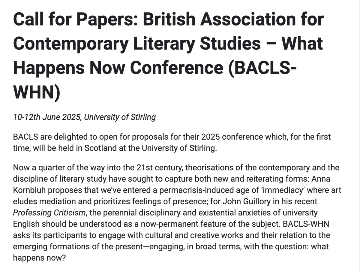 liamllewelyn's tweet photo. Call for papers! The @BACLS_official What Happens Now conference is open for proposals until 24 January. The conference will be in Stirling, 10-12 June. https://t.co/GR47X9bNrC https://t.co/o1h9aEz51e