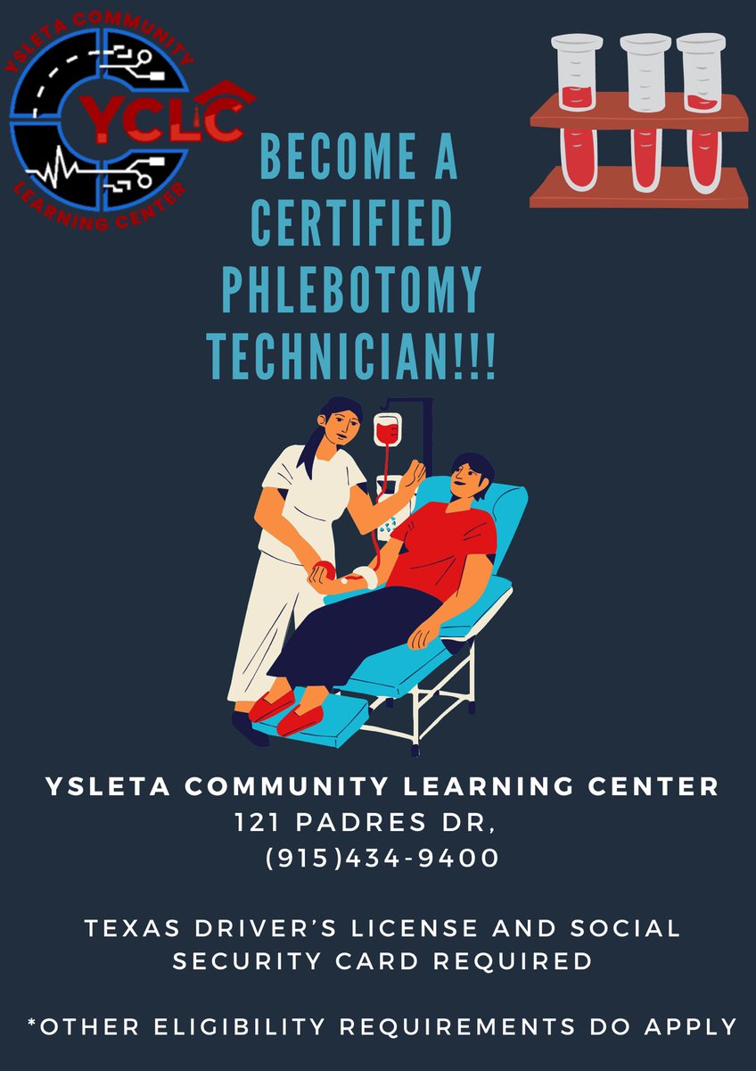 YCLC_EDUCATION's tweet photo. 📢 Exciting News! Phlebotomy &amp; EKG Registration 📢

🩺 Date: Monday, December 16, 2024
🕥 Time: 10:30 AM or 4:00 PM
📍 Location: YCLC, 121 Padres

➡️ Registration is for PM classes only!

Don’t miss this opportunity to advance your skills in the healthcare field. 

#Ysletaisd https://t.co/yHZo3k5FoD