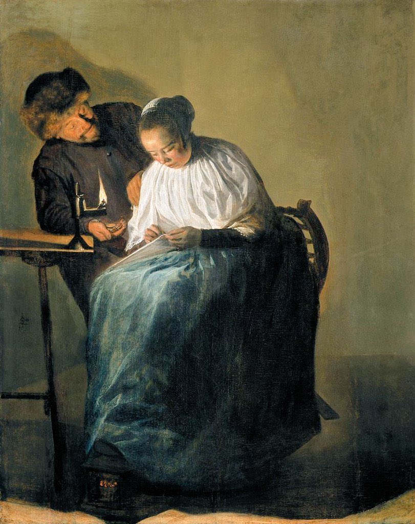 Man die een vrouw geld aanbiedt, Judith Leyster, 1630.

Let ook even op dat stoofje onder haar voeten.