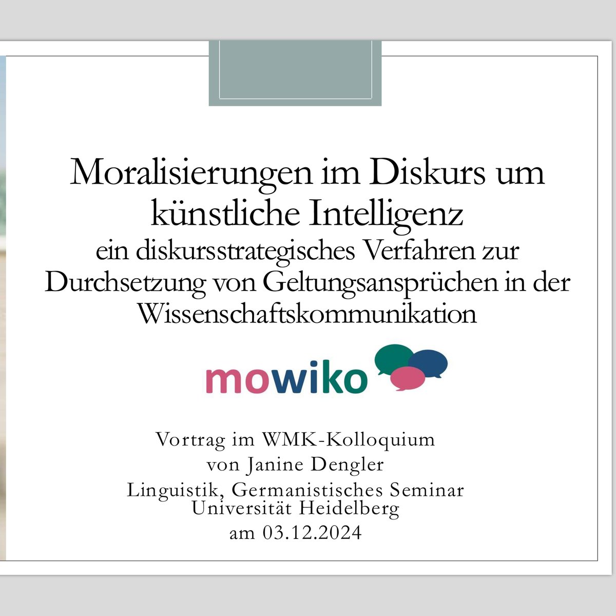 Wissenschaft - Medien - Kommunikation (WMK) (@wmkstudium) on Twitter photo Am Dienstag war Janine Dengler <a href="/UniHeidelberg/">Uni Heidelberg</a> Gast in unserem WMK-Kolloquium 💡 Sie präsentierte Auszüge aus ihrer Forschung zu sprachlichen Mustern von Moralisierungspraktiken im Diskurs um künstliche Intelligenz. Vielen Dank für den spannenden Vortrag! #wisskomm #ki #linguistik Am Dienstag war Janine Dengler <a href="/UniHeidelberg/">Uni Heidelberg</a> Gast in unserem WMK-Kolloquium 💡 Sie präsentierte Auszüge aus ihrer Forschung zu sprachlichen Mustern von Moralisierungspraktiken im Diskurs um künstliche Intelligenz. Vielen Dank für den spannenden Vortrag! #wisskomm #ki #linguistik