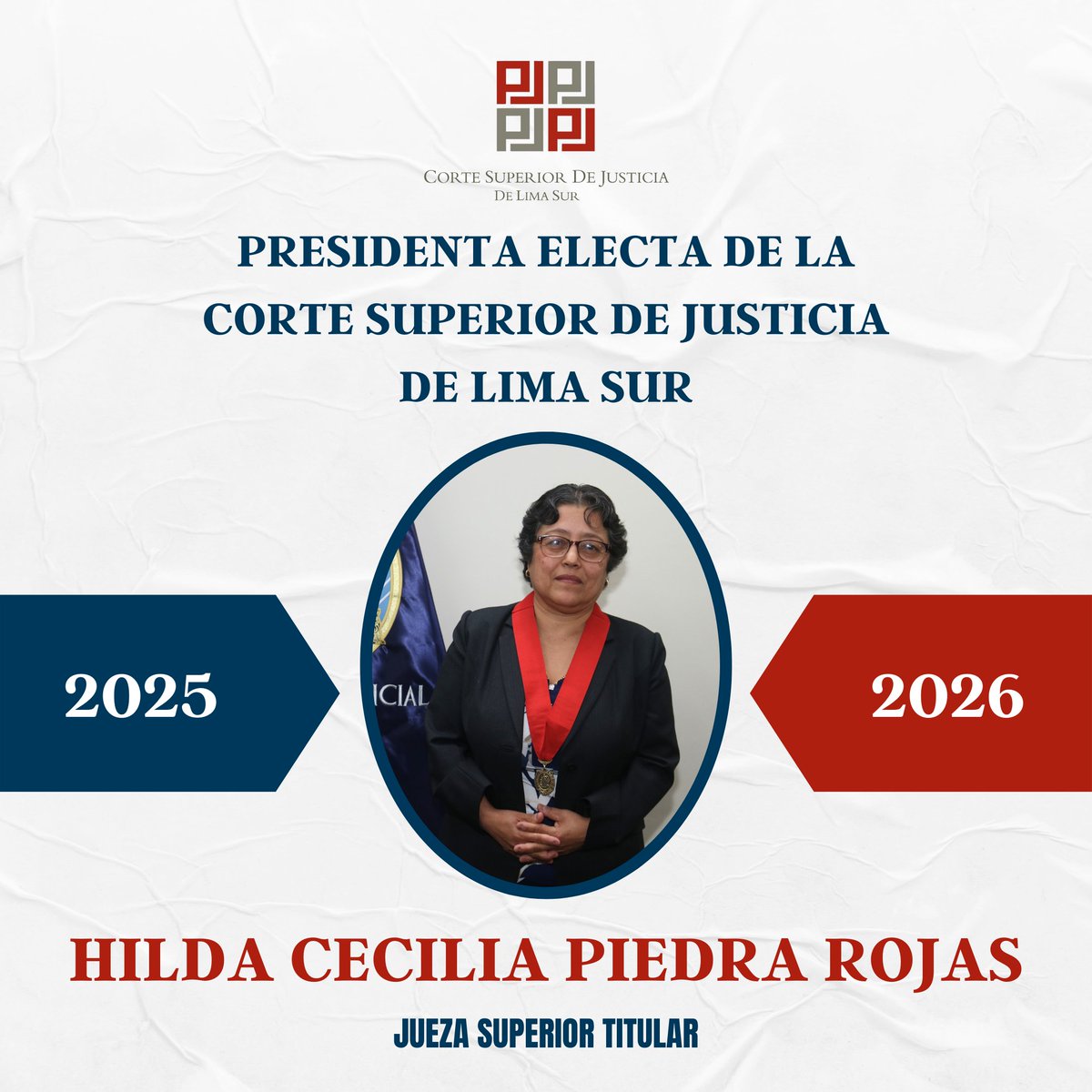 CSJlimasur's tweet photo. #ÚLTIMO La Corte Superior de Justicia de Lima Sur, a través de los jueces superiores titulares de la Sala Plena, informa que ha sido elegida como presidenta del período 2025-2026, la magistrada Dra. Hilda Cecilia Piedra Rojas. 📷📷 https://t.co/CrJZ30uPcb