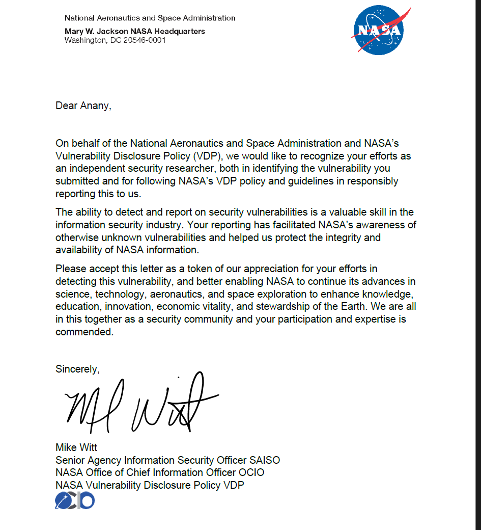 I got this awesome letter from <a href="/NASA/">NASA</a> after reporting over 30 critical vulnerabilities!🚀✨
#BugBounty #NASA #infosec