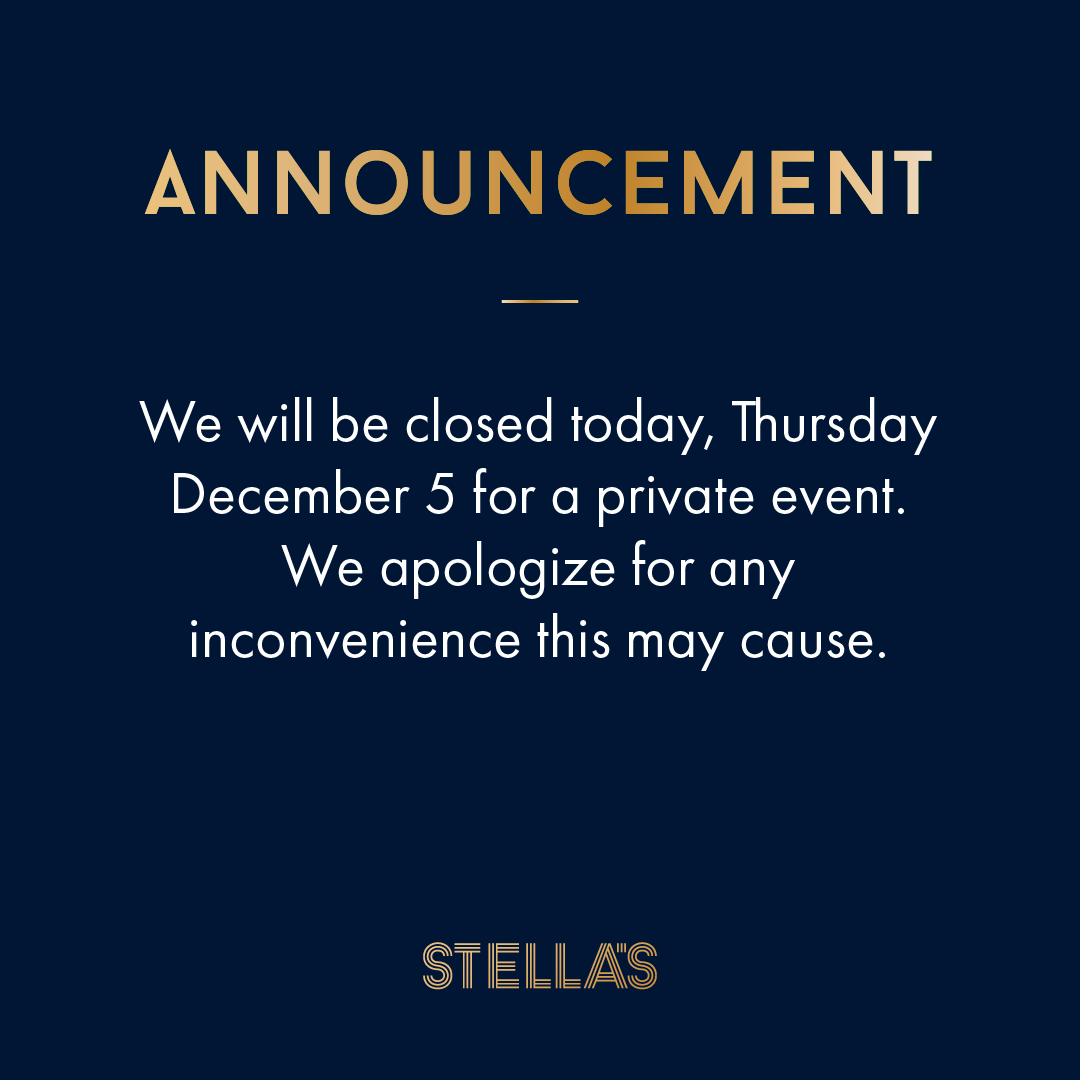 🌟 Closed Tonight for a Private Event 🌟

See you tomorrow to kick off an unforgettable weekend! #seeyouatstellas