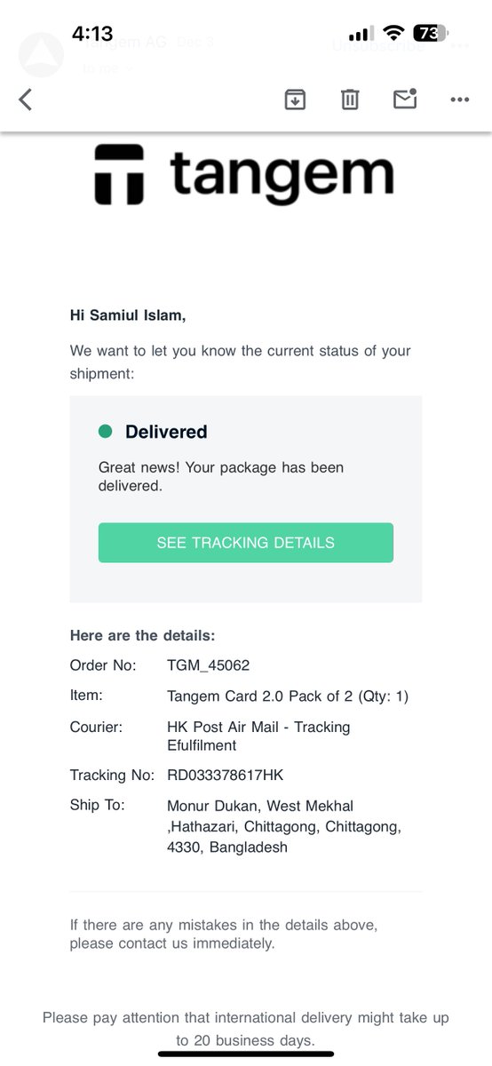 kmsami_eth's tweet photo. hello i ordered tangem wallet from Bangladesh . The estimated delivery date was 5 december and email says product delivered but  didn’t received my product 

Order No - TGM_45062

@Tangem please look into this , it is my first crypto hardware wallet https://t.co/DWG5eFKyeX