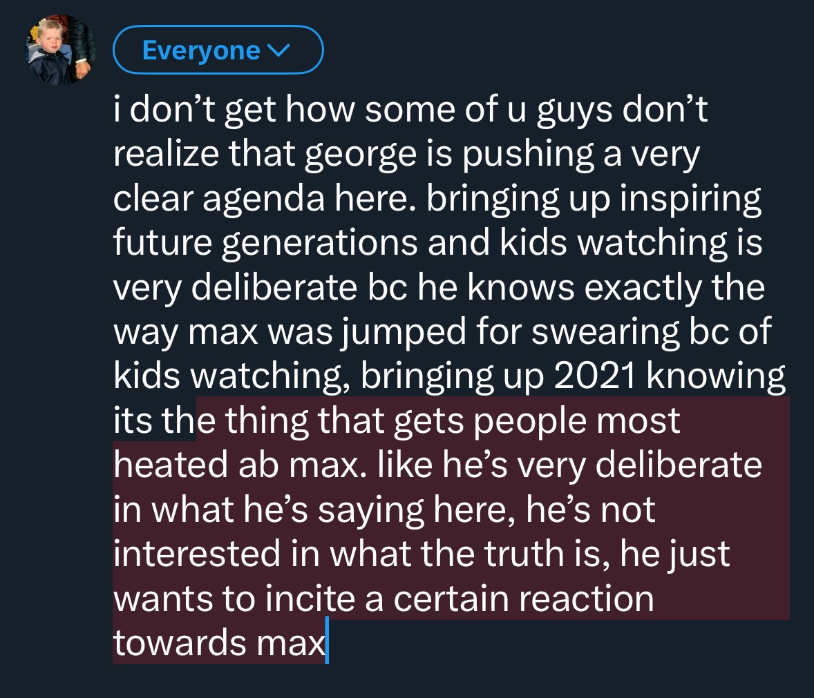 every time someone wants british media (the dominant media) to side w them against max, they bring up the 2021 wdc battle. mclaren (james vowles/andrea stella) did the same thing after austria, and now george. like clockwork really