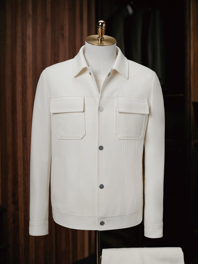 POLLHEIM_au's tweet photo. Elevate your wardrobe with the effortless sophistication of this ivory field jacket. Its clean lines and minimalist design redefine smart-casual elegance, offering a perfect blend of refinement and modernity. The sharp pocket detailing and streamlined silhouette create a tailored look that transitions seamlessly between relaxed outings and semi-formal events. Paired with matching tailored trousers, this ensemble is a harmonious masterpiece, exuding comfort and style. Whether you’re heading to a weekend gathering or an evening affair, this outfit promises to keep you looking polished and contemporary.

#Pollheim #fashion #style #clothing #handmade #tailoring