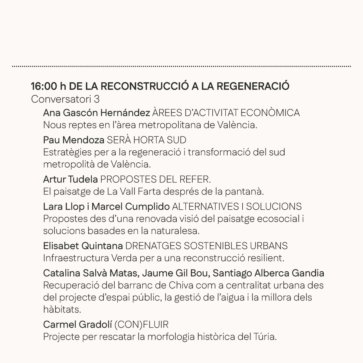 etsaUPV's tweet photo. 13 dic | Sala de Projeccions ETSA-UPV | 9:00-19:30
APRENDRE PER PREVINDRE - RECUPERAR PER A REGENERAR
Jornades per a la producció de coneixement i reﬂexió sobre les causes i efectes de l’impacte de la Dana i a la reconstrucció i regeneració ecosocial de les comarques afectades. https://t.co/jTdQH9YRbM