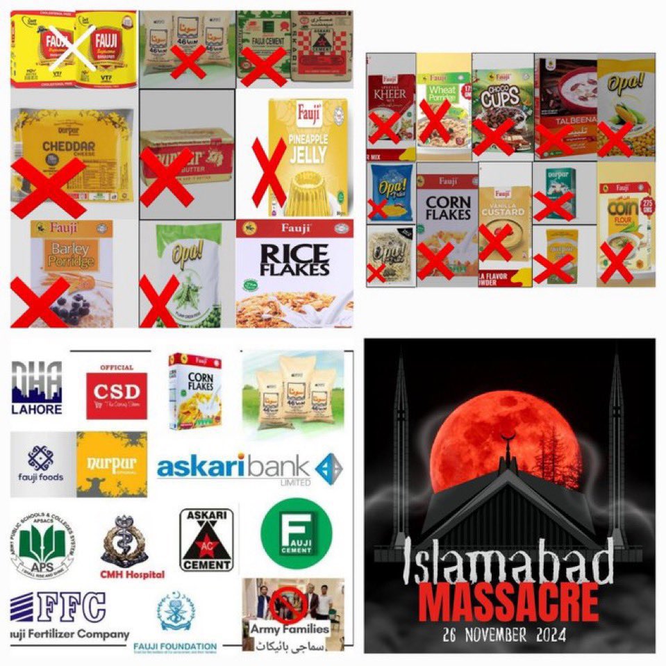 alphabravo1947's tweet photo. 🚨🚨🚨🚨
786 انٹیلیجنس رپورٹ: فوج کے تجارتی امپائر کے خلاف کامیاب بائیکاٹ کی مہم کے نتیجے میں جی ایچ کیو میں ہلچل مچ گئی ہے۔ اےجی لیفٹیننٹ جنرل اظہر وقاص شدید پریشان ہیں،  اور آرمی چیف سے #اسلام_آباد_قتل_عام - 2024 کے بعد فوجی کاروباری سلطنت کے بائکاٹ سے پہنچنے والے نقصان کو کنٹرول کرنے کے لئے فوری اقدامات کی سفارش کر رہے ہیں۔ ہم تمام پاکستانیوں سے اپیل کرتے ہیں کہ بائیکاٹ جاری رکھیں تاکہ فوج کی عوام مخالف نقصان دہ کارروائیوں کے لیے فنڈنگ کو روکا جا سکے
#فوجی_مصنوعات_کا_بائیکاٹ

c- @soldierspeaks @FrankfurtPK 
#BoycottFaujiDhanda 
#BoycottFaujiBusiness 
#BoycottFaujiproducts #IslamabadMassacre #گولی_کیوں_چلائی