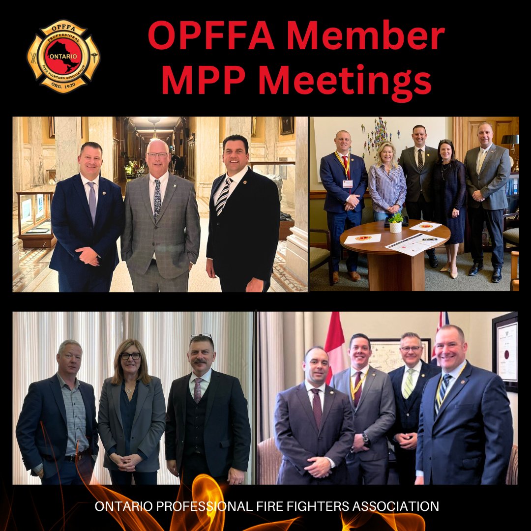 opffa's tweet photo. Reflecting on this week, the #OPFFA2024 Legislative Conference was an invaluable opportunity for our union leaders to come together, deepen their understanding of key issues impacting #firefighters, and engage directly with MPPs to rally support for #firefighter health and safety across Ontario. The OPFFA board and members participated in many productive meetings and it was inspiring to witness the support of so many of Ontario’s political leaders.  #ONpoli #OPFFAPriorities #FirefighterCancer #HealthScreening @fordnation @WillBoumaBrant @PaulCalandra @mikeharrisjrpc @stephaniebowman @ShamjiAdil @LiseVaugeois @PBethlenfalvy @BR4CambridgePC @ToddJMcCarthy @IAFFCanada