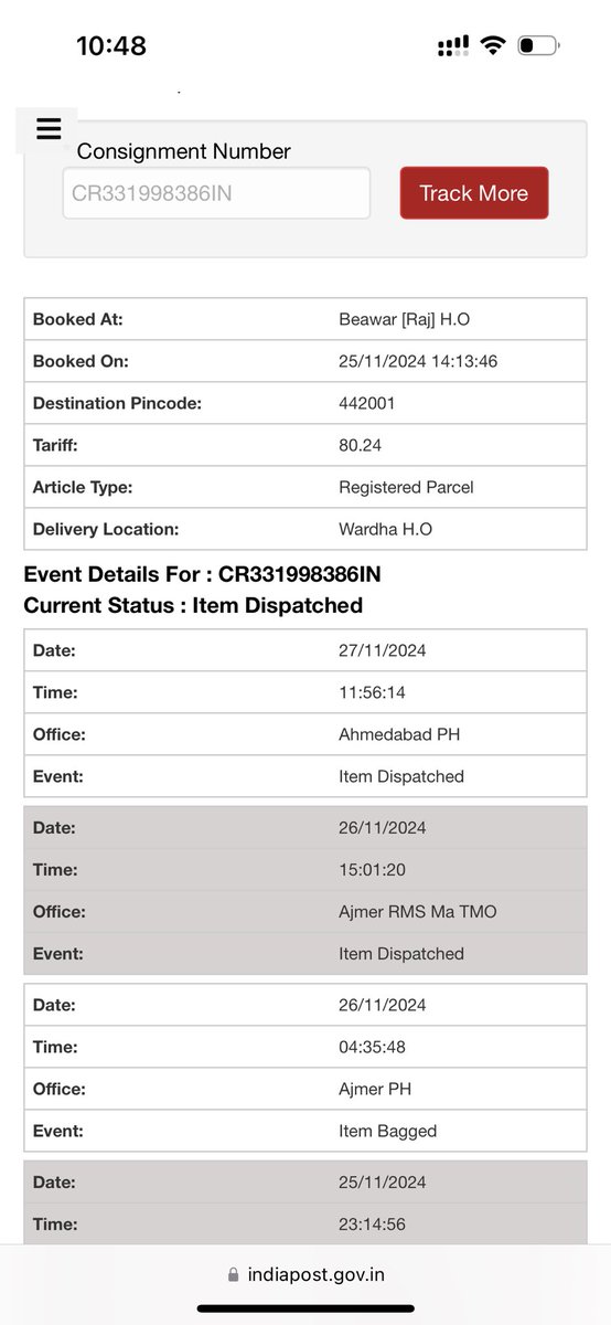 MoondraAakarsh's tweet photo. @IndiaPostOffice 
CR331998386IN 
This parcel is Stucked from 7 days in Ahmedabad 
Pls check into the matter https://t.co/quOhgrQ02I
