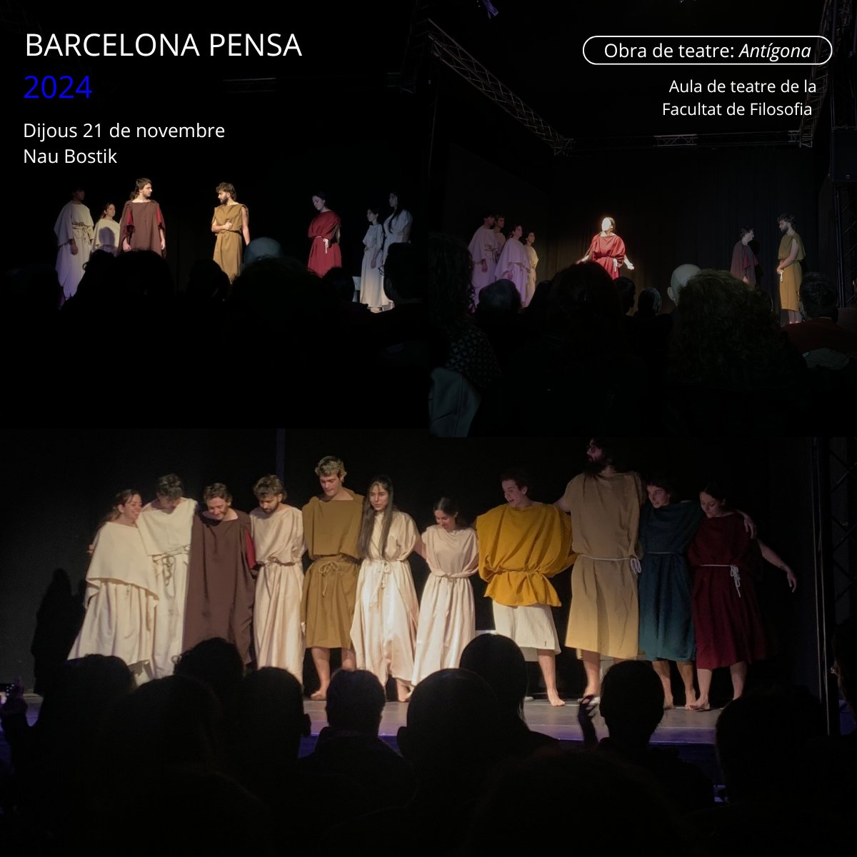 BarcelonaPensa's tweet photo. 🎭L'última activitat del Barcelona Pensa d'enguany va ser l'obra de teatre “Antígona”, a càrrec dels alumnes de l'aula de teatre de la Facultat de Filosofia! A la @Naubostik. https://t.co/0uNL6s4bak