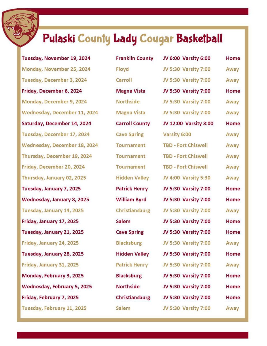 PCHS Lady Cougars 2024-2025 game schedule