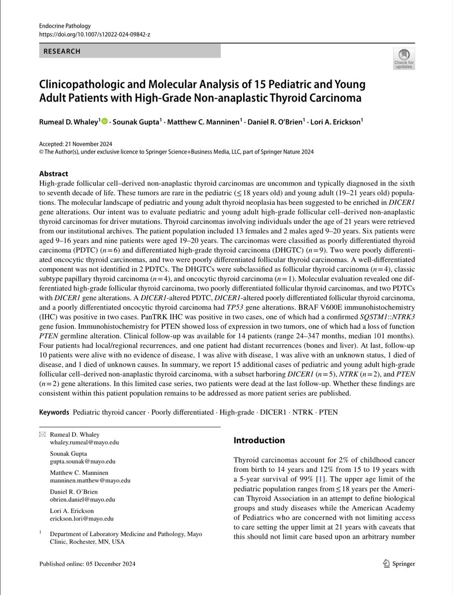 Rumeal D. Whaley, MD (@rdwhaleymd) on Twitter photo Read our latest #research on #thyroidcancer, in <a href="/EndoPath/">Endocrine Pathology</a>
Clinicopathologic and Molecular Analysis of 15 Pediatric and Young Adult Patients with High-Grade Non-anaplastic Thyroid Carcinoma
link.springer.com/article/10.100…
#EndocrinePath #moldx #molpath Read our latest #research on #thyroidcancer, in <a href="/EndoPath/">Endocrine Pathology</a>
Clinicopathologic and Molecular Analysis of 15 Pediatric and Young Adult Patients with High-Grade Non-anaplastic Thyroid Carcinoma
link.springer.com/article/10.100…
#EndocrinePath #moldx #molpath
