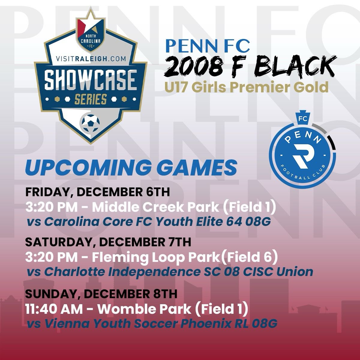 Heading to North Carolina for the Raleigh Showcase. Can't wait!! <a href="/PennFCYouth/">PennFC Youth</a>
