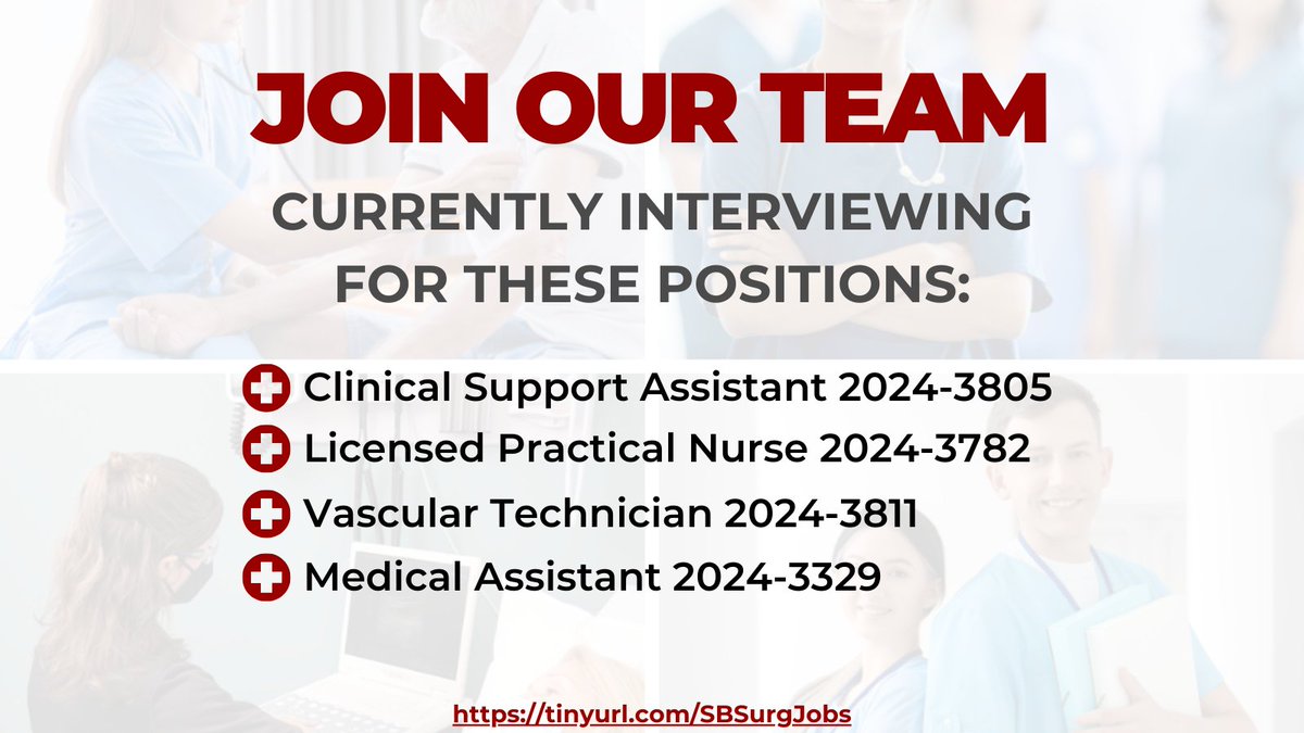 Currently hiring:

Clinical Support Asst, Bariatric Surgery Div (2024-3805)
Licensed Practical Nurse, Plastic Surgery Div (2024-3782)
Vascular Tech, Vascular Surgery Div (2024-3811)
Medical Asst, Cardiothoracic Surgery Div (2024-3329)

tinyurl.com/SBSurgJobs