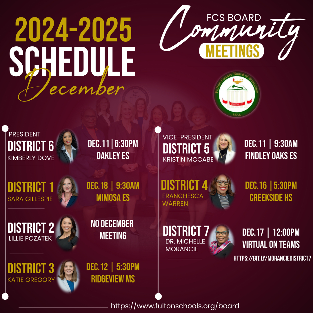 Mark your calendars for December 2024 Community Meetings! #FultonCountyBOE #FultonCountySchools

fultonschools.org/board