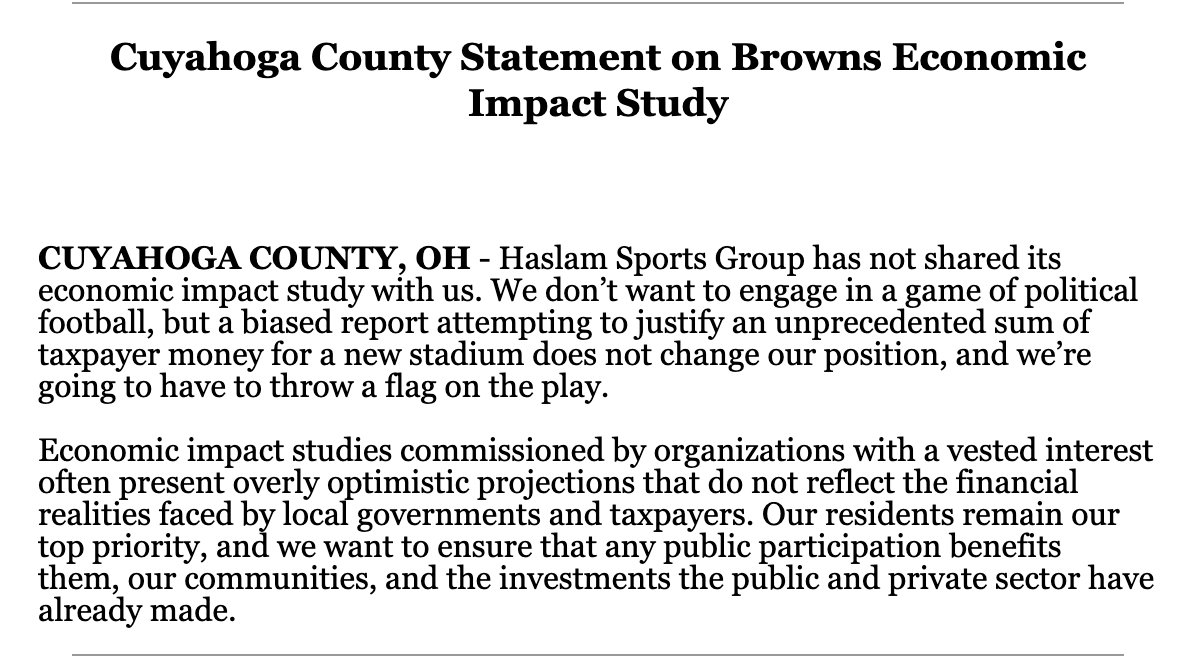NickCastele's tweet photo. Cuyahoga County reacts to the Browns' impact study. (Football puns will be banned after the first of the year, so get them in now.) https://t.co/0T9HyneWdr