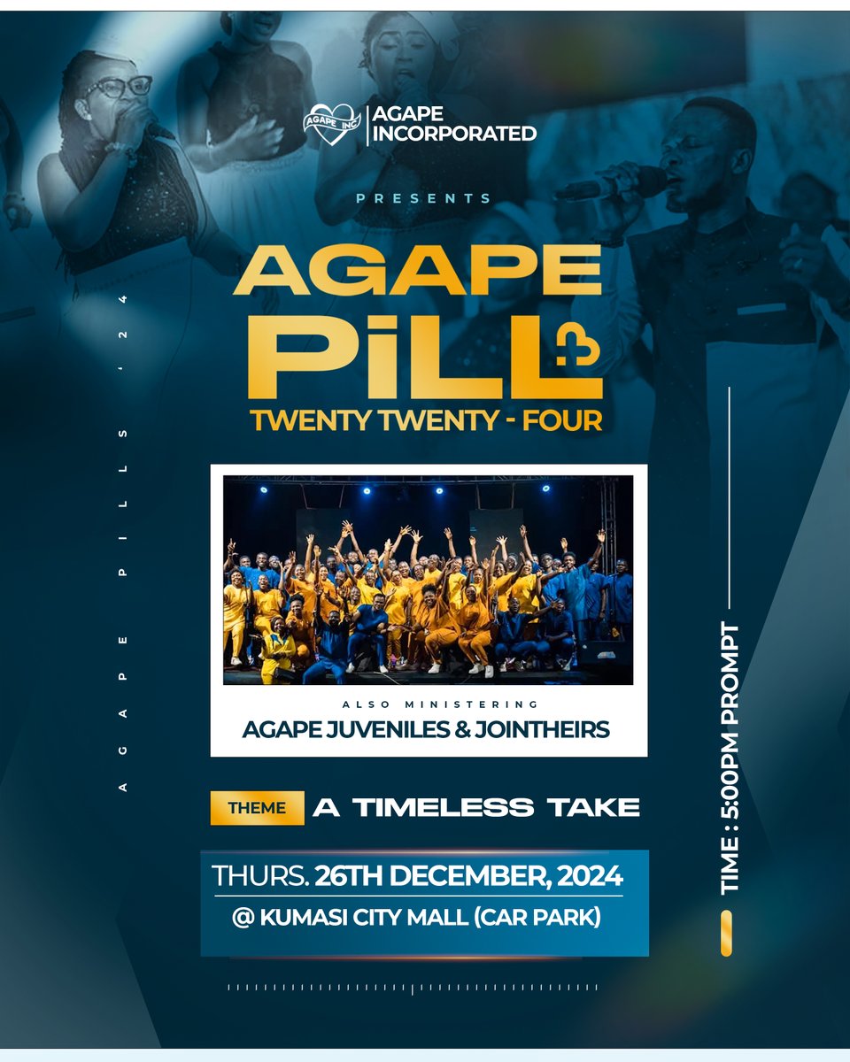 Agapelnc's tweet photo. ⏳Get ready for a timeless experience! 
⏳Something timeless is coming your way... 🤫
 
🗓️ Join us on the 26th Dec at Kumasi City Mall
⏰ 5:00pm

#agapepill2024 
#A_timeless_Take
.
.
.
.
.
.
#kumasicitymall
#NDCFinalRally 
#ItIsPossible https://t.co/qxIPaVeO23