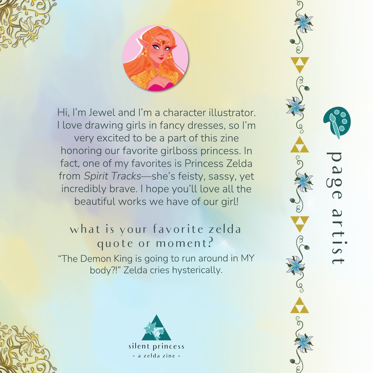 Meet <a href="/summersnowqueen/">jewel 👑</a>, a page artist for Silent Princess! She is creating a Skyward Sword piece for our zine 🌸 Don't forget to preorder Silent Princess Zine before January 6! (link in bio)
#loz #zelda #zeldazine #SilentPrincessZine #legendofZelda #legendofZeldazine #pageartist