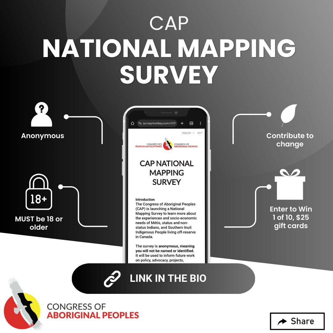 CongAboPeoples's tweet photo. 📢 Our survey is still open for Métis, Status and Non-Status Indians, and Southern Inuit Indigenous People living off-reserve in Canada.

🎁 enter to win 1 of 10, $25 gift cards upon completing the survey! 🎁

English: https://t.co/7jdujaikbR
French: https://t.co/YImcjvOdXG https://t.co/E9UCRoSvSI