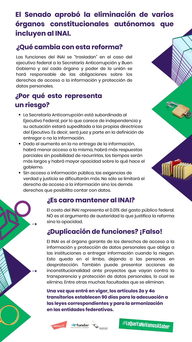 designaciones's tweet photo. 🚨Sin acceso a información pública, las exigencias de verdad y justicia serán más difíciles de cumplir. 

¿Qué consecuencias implica la recientemente aprobada reforma que desaparece al @INAImexico? Revísalos a detalle aquí 👇🏽 

#LoQueYaNoVamosASaber
#SinCuotasNiCuates https://t.co/AzBCHIkC7G