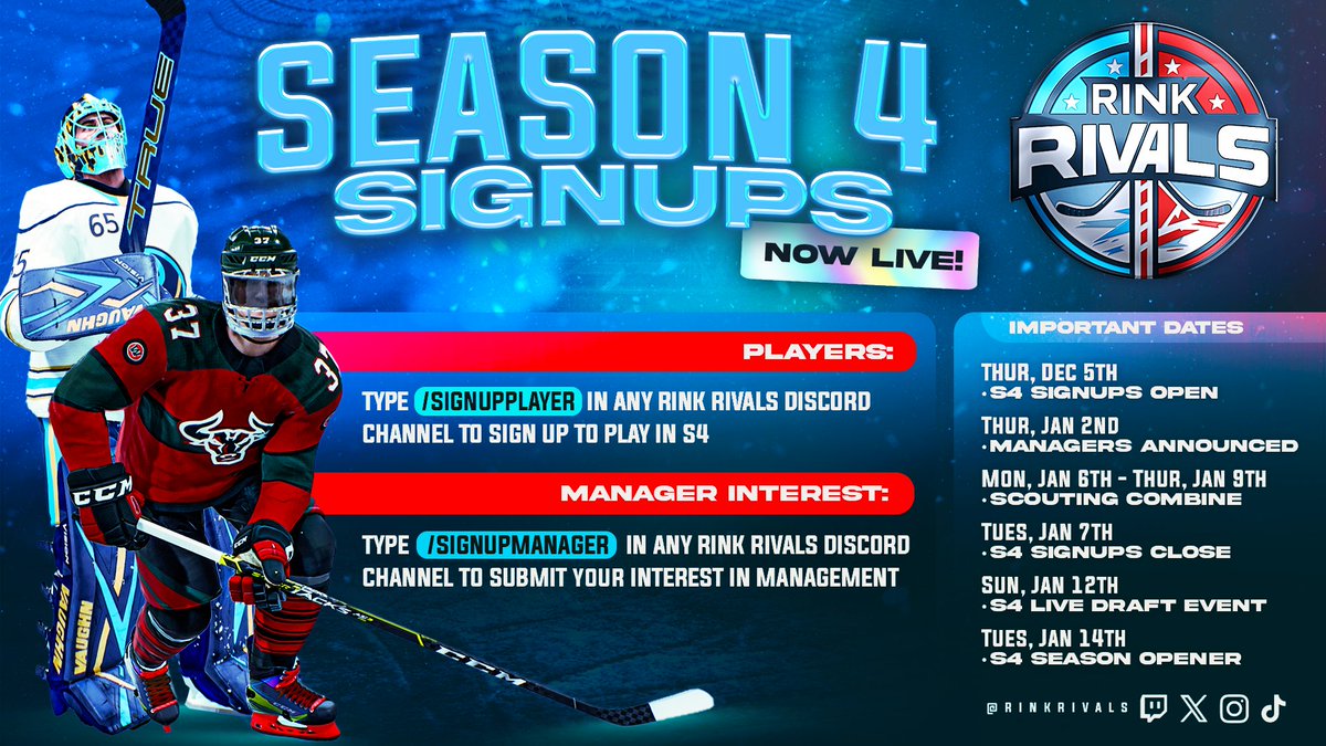 Rink Rivals Season 4 signups are now live!
🎮 Live Snake Draft
📷 Multiple Weekly Media Shows 
📺 Live Commentated Broadcasts every game night

We have some exciting things in store for S4, head on over to our discord now and sign up!
discord.gg/rinkrivals

#NHL25 #EASHL