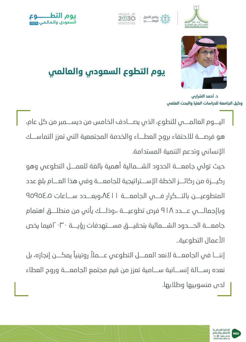 كلمة سعادة وكيل #جامعة_الحدود_الشمالية للدراسات العليا والبحث العلمي د.أحمد بن صبيح الشراري؛ بمناسبة 
#يوم_التطوع_السعودي_والعالمي