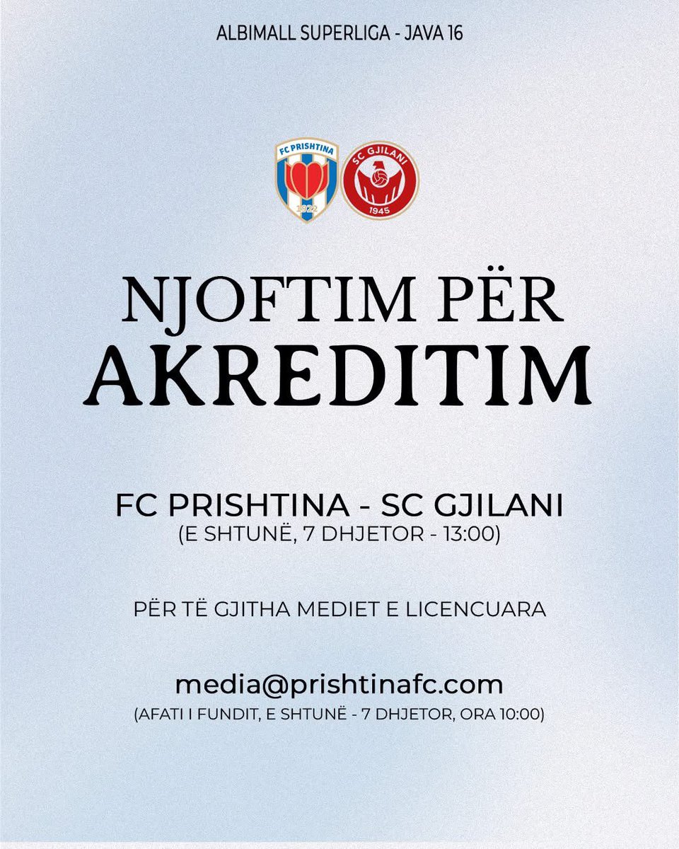 FC_Prishtina's tweet image. ℹ️ Njoftim për media #PrishtinaVsGjilani
#AlbiMallSuperliga #Java16 #MediaKosovë | #KFP💙