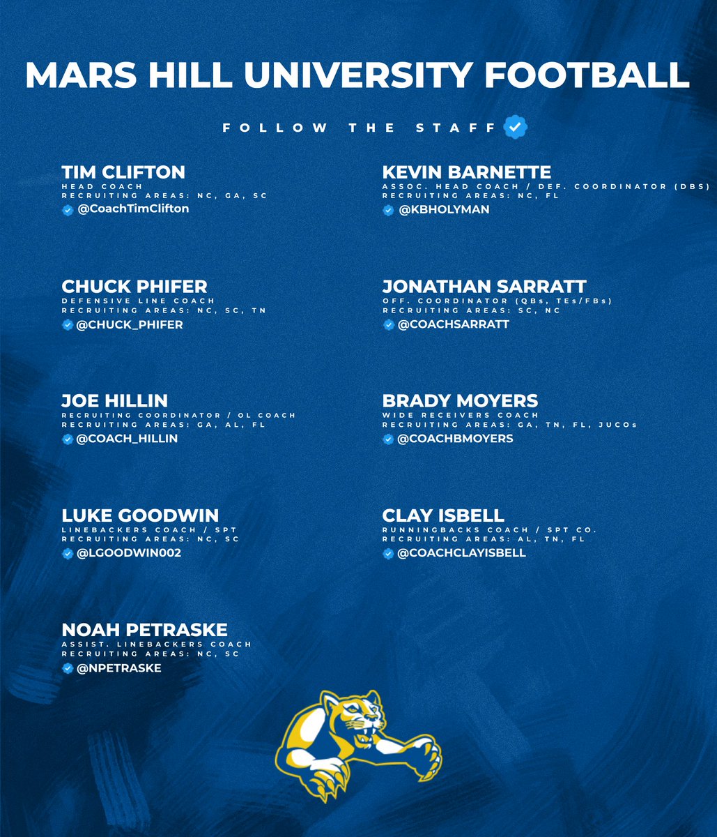 MarsHill_FB's tweet photo. Be sure to give our football coaches a follow throughout this recruiting process to get in contact with your area coach! https://t.co/mzHMXXJdLq