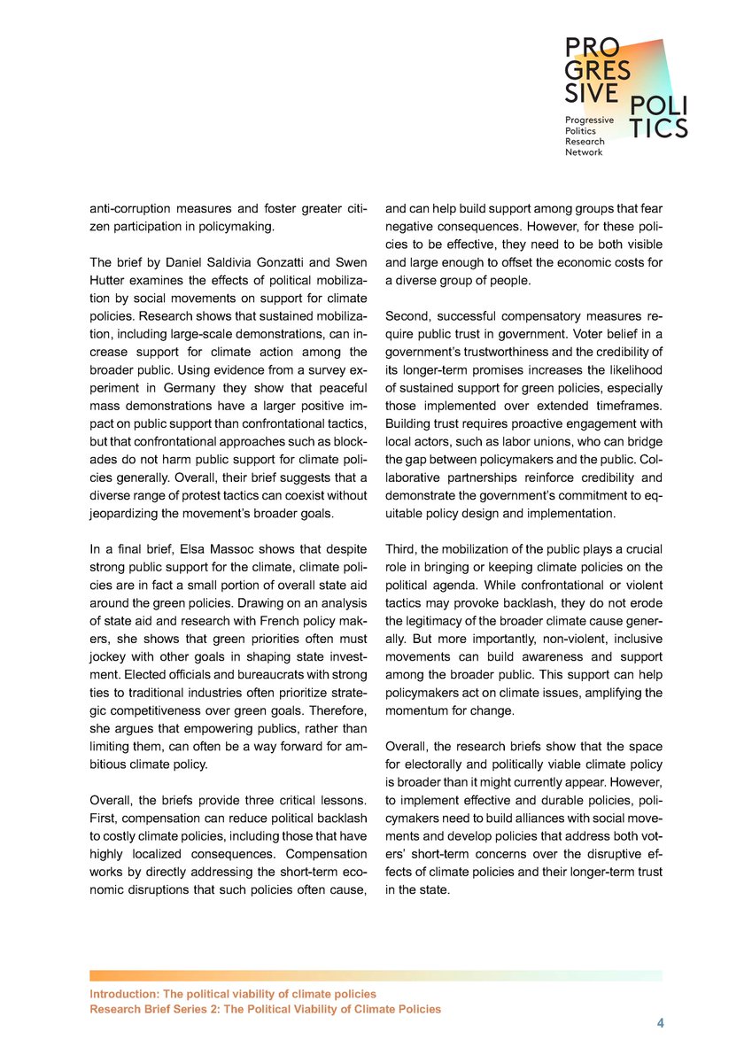 Tomorrow, we publish 4 new research briefs from the Progressive Politics Research Network. The focus is on the "Political Viability of Climate Policies" - a political science perspective on how more ambitious climate policies are possible. Here a preview of the theme introduction