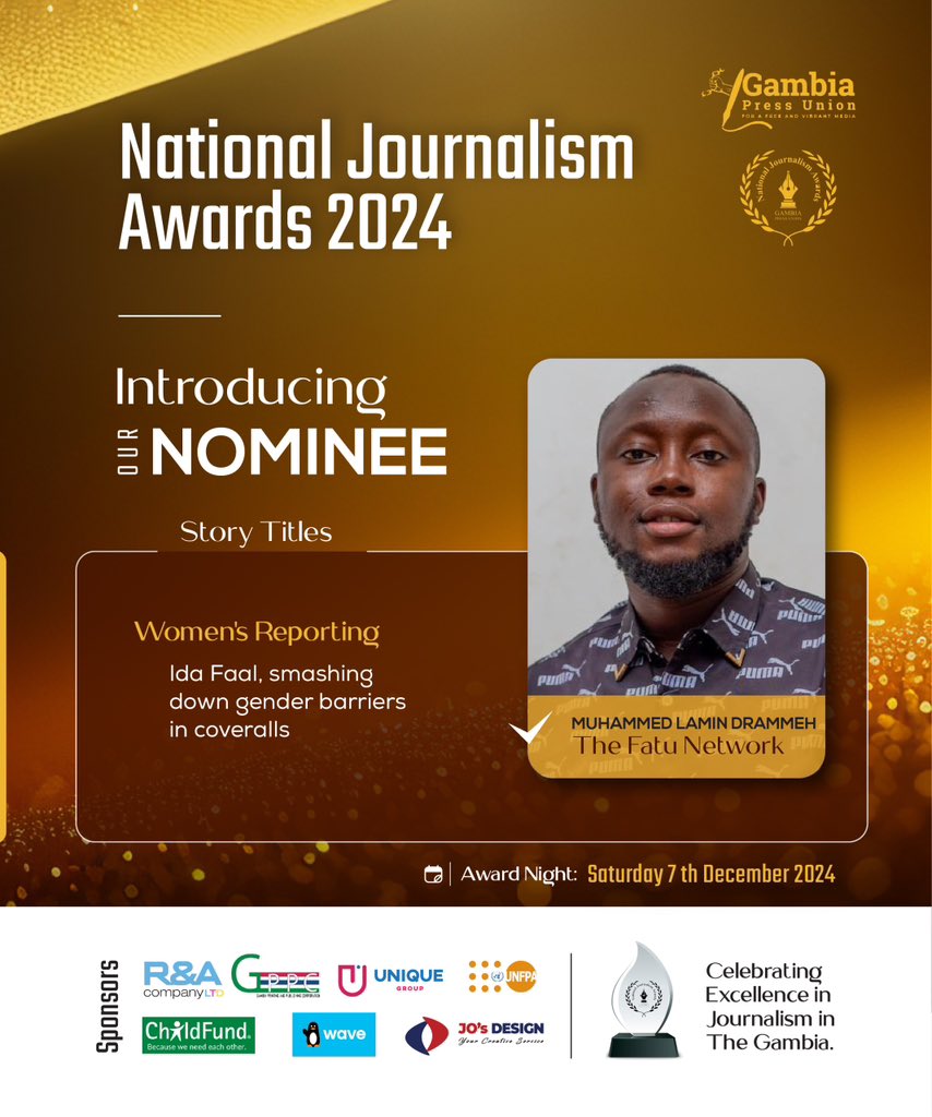 GpuAwards's tweet photo. @ML_Drammeh11 a nominee for the 2024 #GPUAwards.
Formerly with @FatuNetwork
His dedication to journalism extends beyond his professional roles, as he also serves as the Secretary General of the @SjagGambia
#CelebratingExcellence #Nominee #PressFreedom https://t.co/lZhBC8tH4Z
