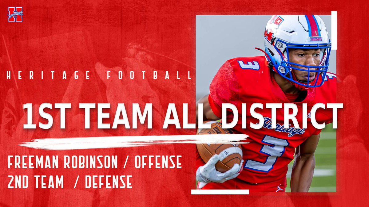 HeritageFtball's tweet photo. Congratulations to 1st Team All-District 6-5A DII WR &amp; 2nd Team All-District 6-5A DII CB Freeman Robinson! 

35 Rec
555 yds
8 TDs 

11 Tackles
1 Int
5 PBUs

#FIGHT #MOB #GD2BAJ https://t.co/z9tpTxYw3j
