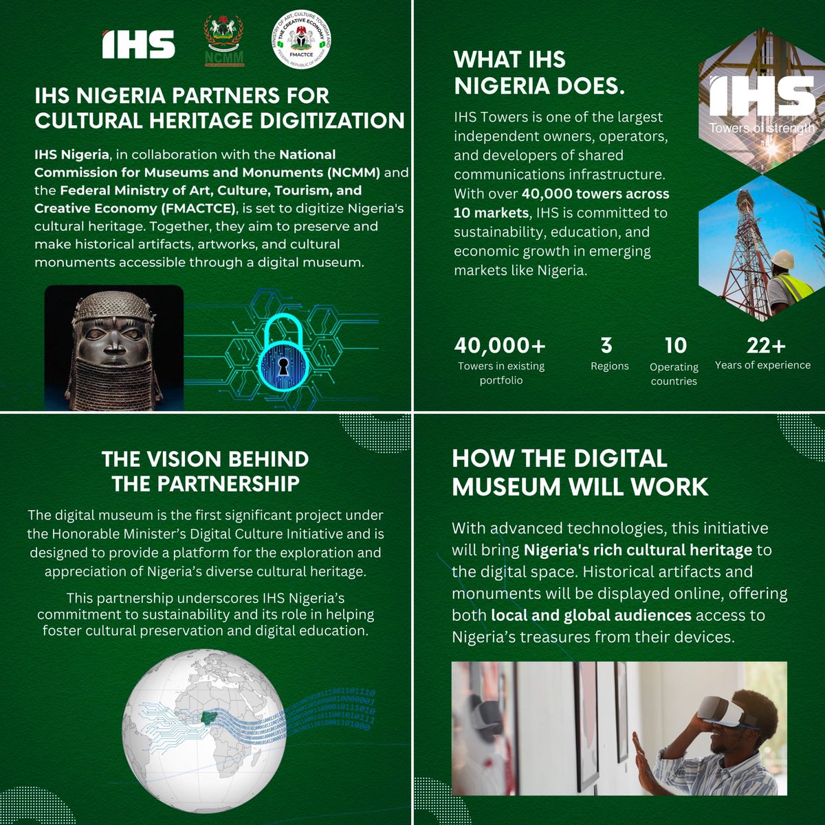 NCMMHQ's tweet photo. Exciting news for Nigeria's Cultural heritage! ✨💡✨

IHS Nigeria, in collaboration with NCMM and the Federal Ministry of Art, Culture, Tourism, and the Creative Economy (FMACTCE), is embarking on a groundbreaking project to digitize Nigeria's rich cultural heritage.

#thread https://t.co/xStaUFev5t