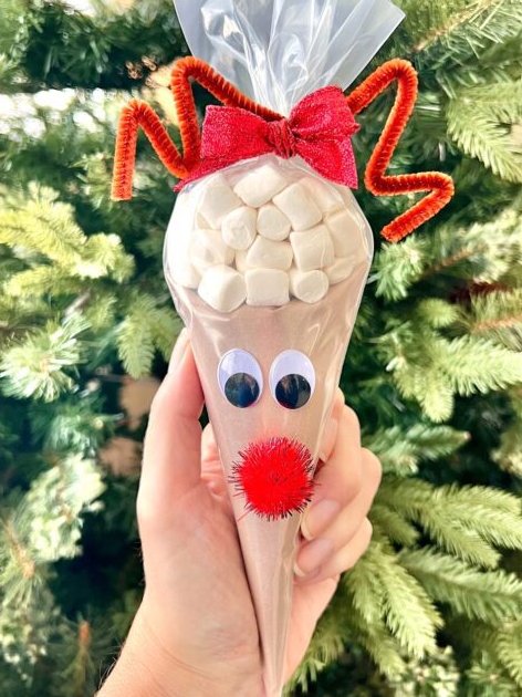 jdsgiftshack's tweet photo. Hot Chocolate Reindeer Bags

Add 8 tblsp Cocoa Mix to piping icing bag
add 1/2 c of mini marshmallows
Tie a bow to seal up the bag, then add pipe cleaner and shape into antlers.
Use glue dots or hot glue, affix two wiggle eyes and a little red pom for a nose. 
#HomemadeGift #DIY https://t.co/ueQhLUJswv