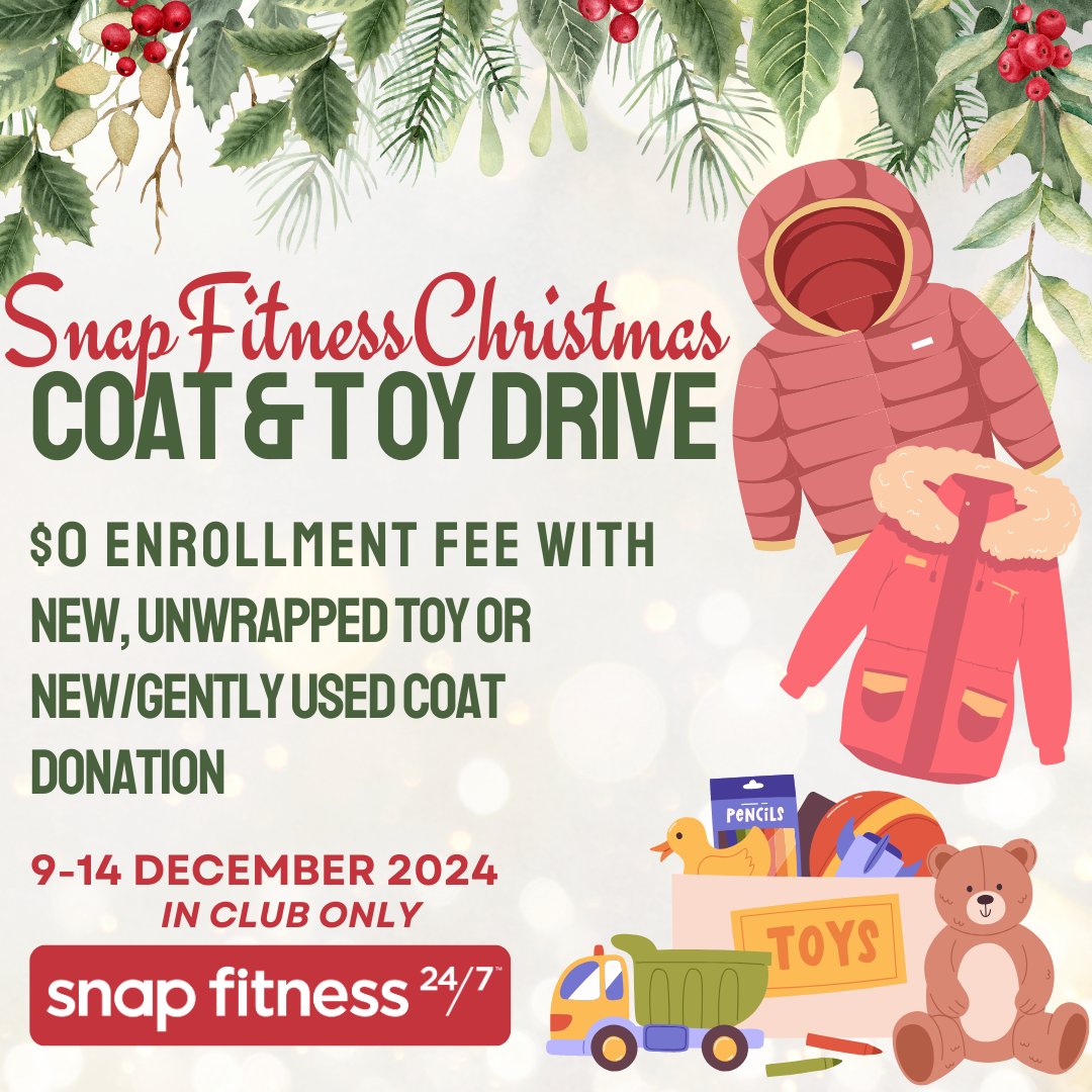 SnapFitLTX's tweet photo. We're hosting a Toy and Coat Drive to bring smiles and warmth to those in need. As a special thank-you for your generosity, we’re offering $0 enrollment fees when you bring in a donation of a new toy or gently used coat.

📅 When: 12/9-1
📍 Where: In club only - Lockhart &amp; Luling https://t.co/7evfodDHEf