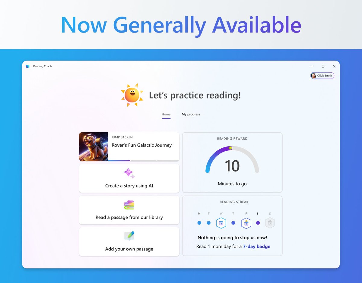 mtholfsen's tweet photo. Reading Coach, our FREE AI-powered practice tool, is now globally available! Works for school and home 📖
🌍 14 languages for story creation
⚡Streaks
📈 Progress tracking
Blog: https://t.co/e9963jPJsa
#edtech #MIEExpert #dyslexia https://t.co/nsjYfar61w