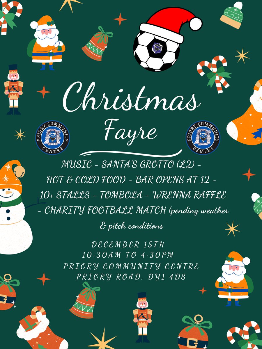 The Priory Community Centre is hosting a Christmas Fayre on December 15th with stalls and fun things to do…

We hope to see you all there 🧡💙