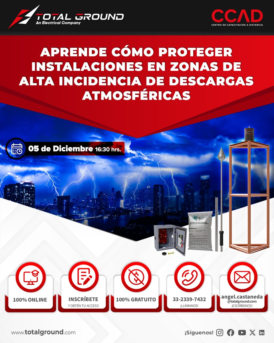 ¡Hoy tenemos CCAD! ⚡ Aprende gratis cómo proteger instalaciones ante descargas atmosféricas ⛈️👷🏻‍♂️ 📆 05/dic | ⏰ 4:30 pm (GMT-6) 👉 totalgroundsadecv.my.webex.com/totalgroundsad…
#Pararrayos #TotalGround