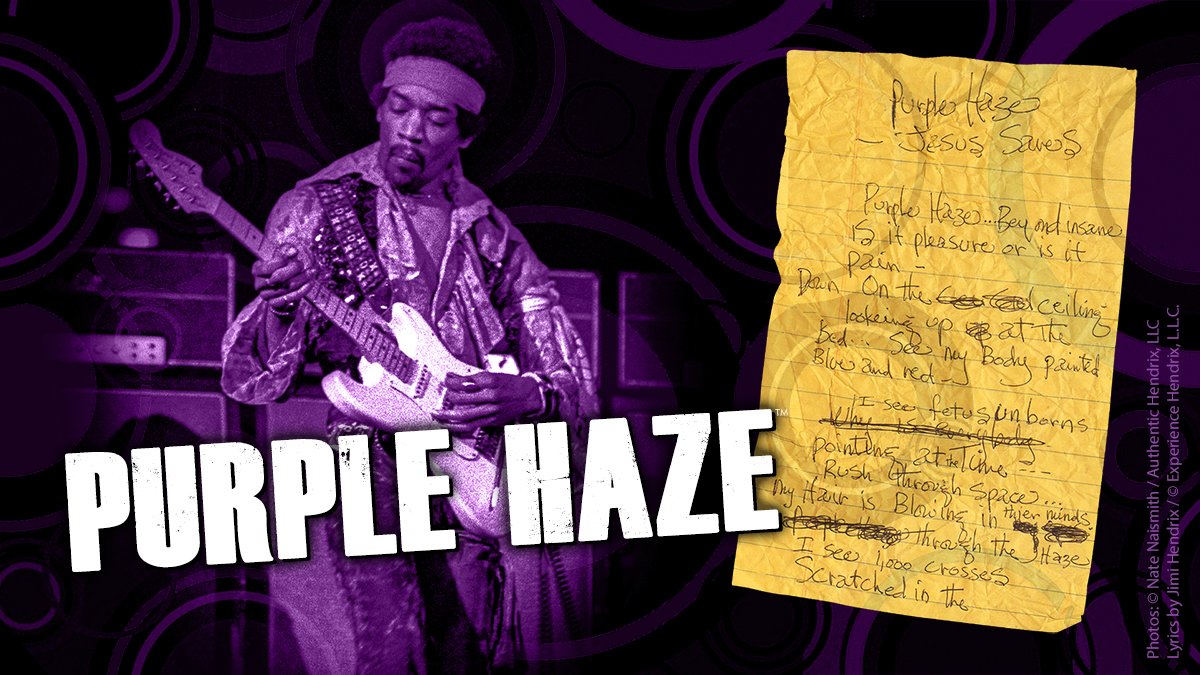 JimiHendrix's tweet photo. On December 26, 1966 Jimi Hendrix wrotes the original draft lyrics to "Purple Haze" while sitting backstage before his performance at The Upper Cut club in Forest Gate, London. #JimiHendrix #PurpleHaze #Lyrics #AlwaysCreating https://t.co/XUkufBVfhX