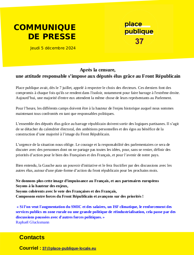 Barnier, c'est fini. Maintenant, on se projette.  Il y a un parlement, il y a des parlementaires... qu'ils parlementent  mais pas avec n'importe qui! Début juillet, les électeurs ont construit  un front républicain pour contrer l'extrême droite. Alors, au travail,  sérieusement !