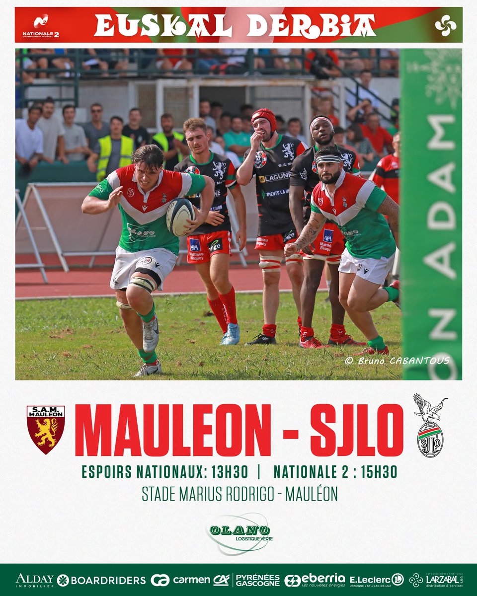 sjlorugby's tweet photo. 𝐄𝐔𝐒𝐊𝐀𝐋 𝐃𝐄𝐑𝐁𝐈𝐀 - 𝐒𝐀𝐌/𝐒𝐉𝐋𝐎 🔥🦅

Déplacement très important ce Samedi pour nos corsaires :

🆚 SA Mauléon
🏟 Stade Marius Rodrigo - Mauléon
⏱ Espoirs: 13h30
⏱ N2: 15h30

Tous à Marius Rodrigo pour soutenir nos verts et rouges !! 

#SAMSJLO #AupaDonibane 🟢🔴 https://t.co/qAfXPF9qnH