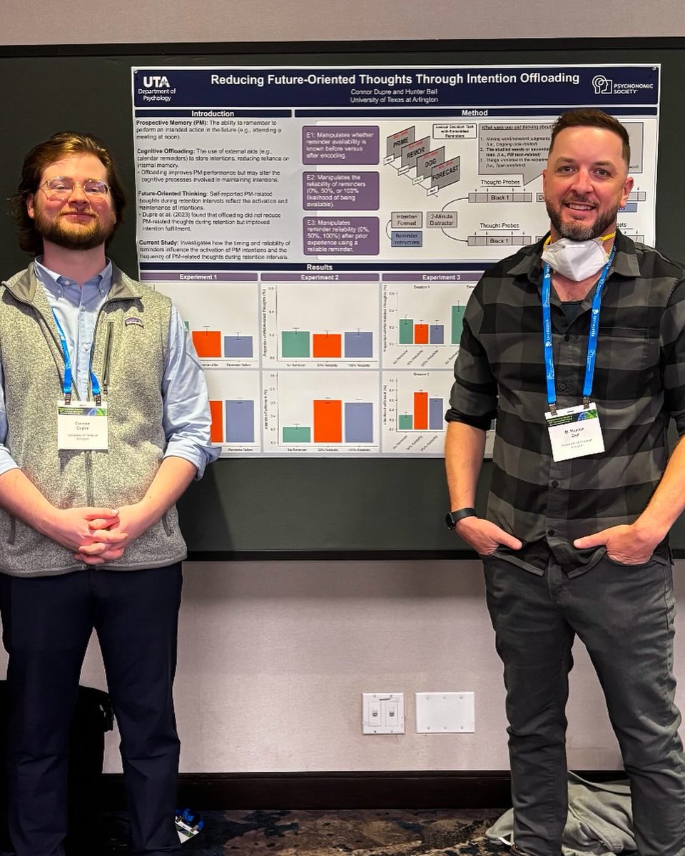 UTAPsych's tweet photo. The Attention, Memory, and Aging Lab, led by Dr. Ball, had an exciting and productive experience at the Psychonomic Societyโs 65th Annual Meeting in New York with graduate students Durna Alakbarova and Connor Dupre! #utapsych #maverickscience #utarlington https://t.co/uAWMFtSZdA